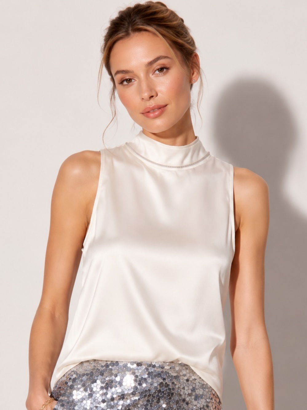 NWT Ann Taylor Silk Like Sleeveless Mock Neck Shell Top in Cream W/Rhinestones
